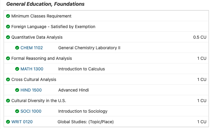 Screenshot of Degree Audit in Path@Penn with Foundational requirements being fulfilled from across all degree requirements