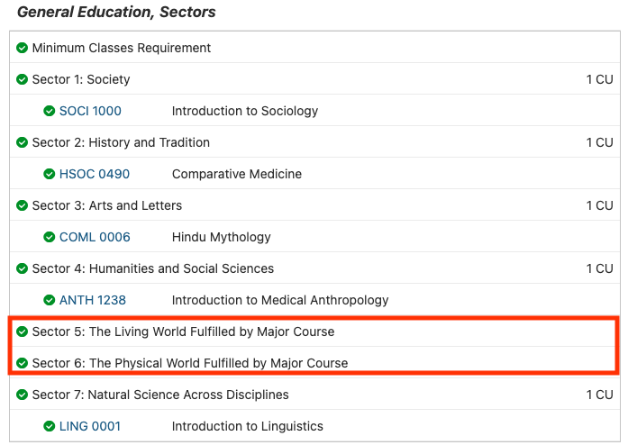 Screenshot of Degree Audit in Path@Penn with Sector 5 and Sector 6 highlighted in the General Education, Sectors Block