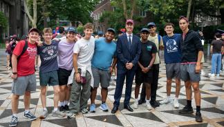 Students gathered in Annenberg Plaza with College of Arts and Sciences Dean, Peter Struck